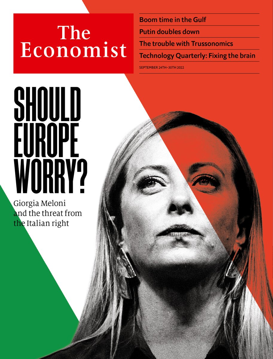 TheEconomist's tweet photo. How afraid should Europe be of the woman expected to be Italy’s next leader? The risks are obvious—but there are also reasons to be cool-headed: https://t.co/0vzuhwYz6c https://t.co/c2JrGz6je7