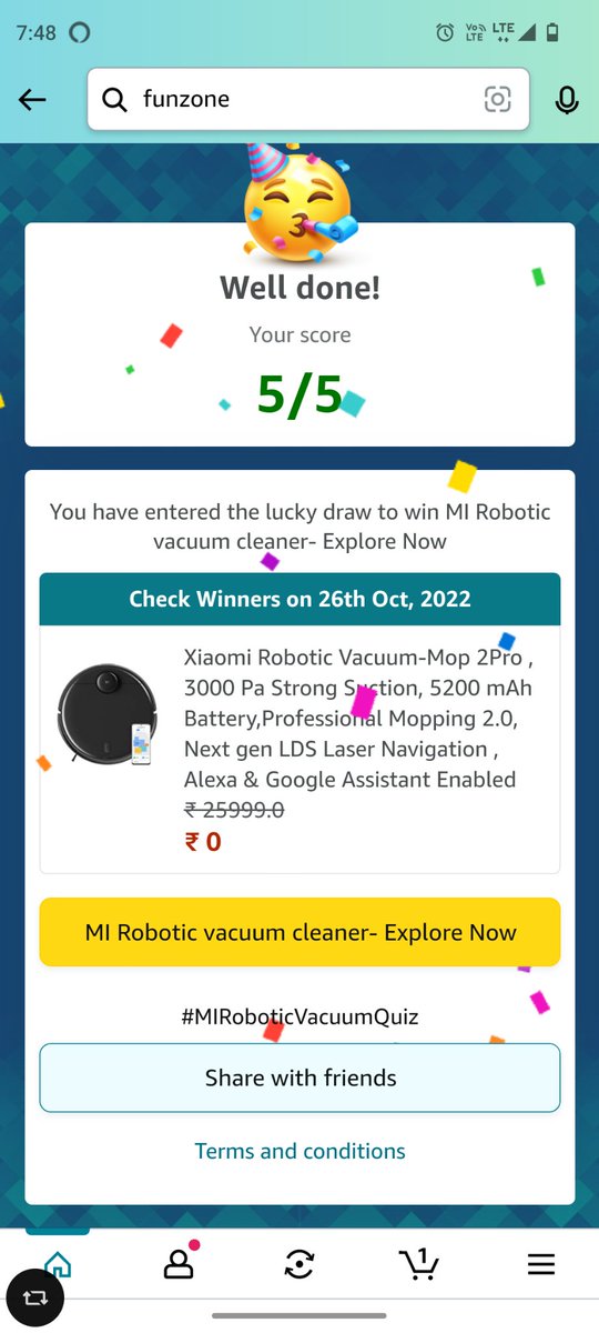 I played this interesting Quiz on Amazon I played this interesting Quiz on Amazon-Play games at Amazon FunZone  amazon.in/game/share/g70…
#MIRoboticVacuumQuiz