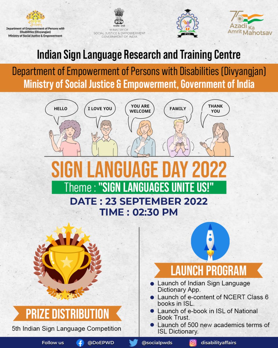 socialpwds's tweet photo. 5th Indian Sign Language Competition on the occasion of International Day of Sign Language on 23rd Sept. 2022 #PMOIndia #AzadiKaAmritMahotsav #signlanguageday2022 #signlanguagesuniteus #OneNationOneLanguage @PMOIndia @narendramodi @HMOIndia @AmitShah @Drvirendrakum13 https://t.co/BnMs6E2A6f