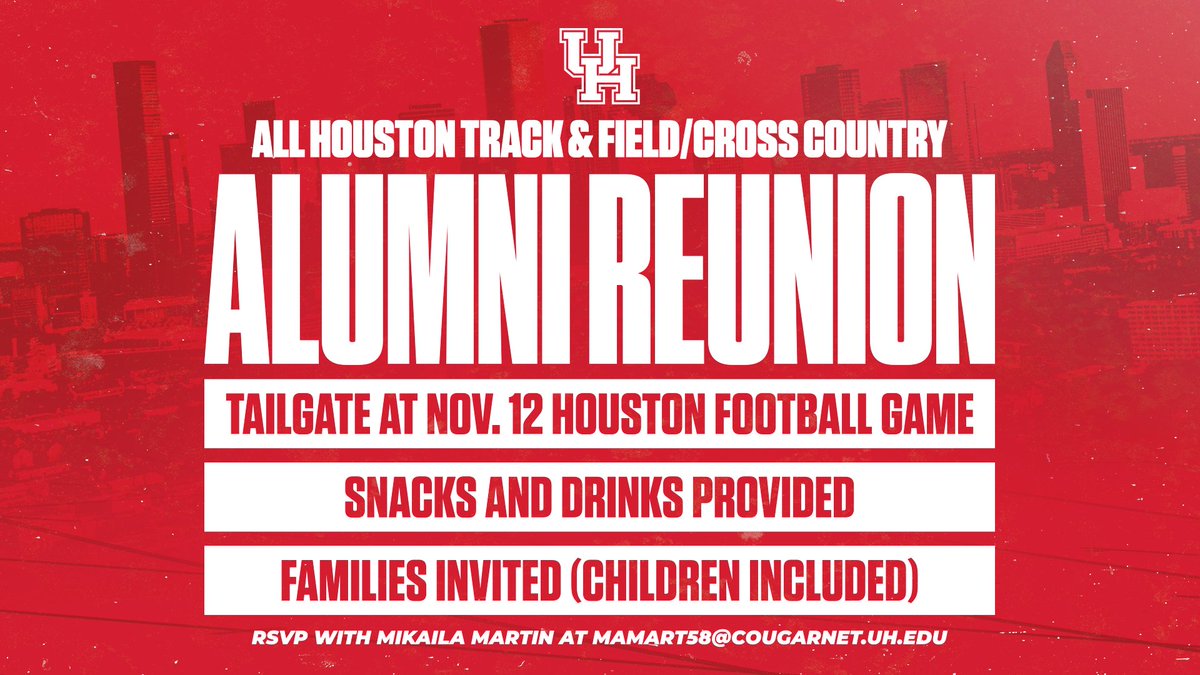 Reminisce with former Cougar Track/XC alumni! 

RSVP with Mikaila at mamart58@cougarnet.uh.edu

#HTownSpeedCity