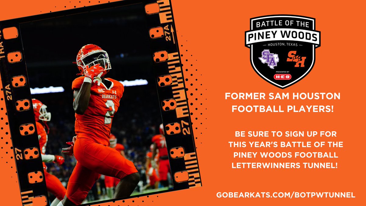 𝐅𝐨𝐫𝐦𝐞𝐫 𝐒𝐚𝐦 𝐇𝐨𝐮𝐬𝐭𝐨𝐧 𝐅𝐨𝐨𝐭𝐛𝐚𝐥𝐥 𝐏𝐥𝐚𝐲𝐞𝐫𝐬 If you are a former Bearkat football player and attending @BOTPW, make sure to sign-up for our tunnel tradition before kickoff. Fill out for more info: gobearkats.com/botpwtunnel
