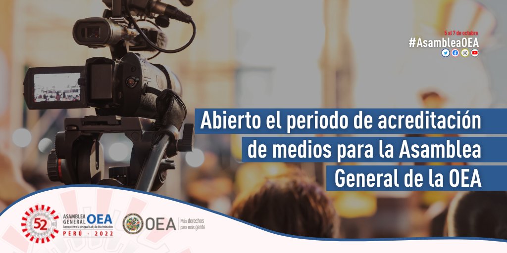📢| Desde <a href="/CancilleriaPeru/">Cancillería Perú🇵🇪</a> recordamos a todos los periodistas interesados que mañana viernes 23 de setiembre cierran las acreditaciones para la 52 #AsambleaOEA en Perú.
Regístrate aquí 👉 bit.ly/3DOClgu