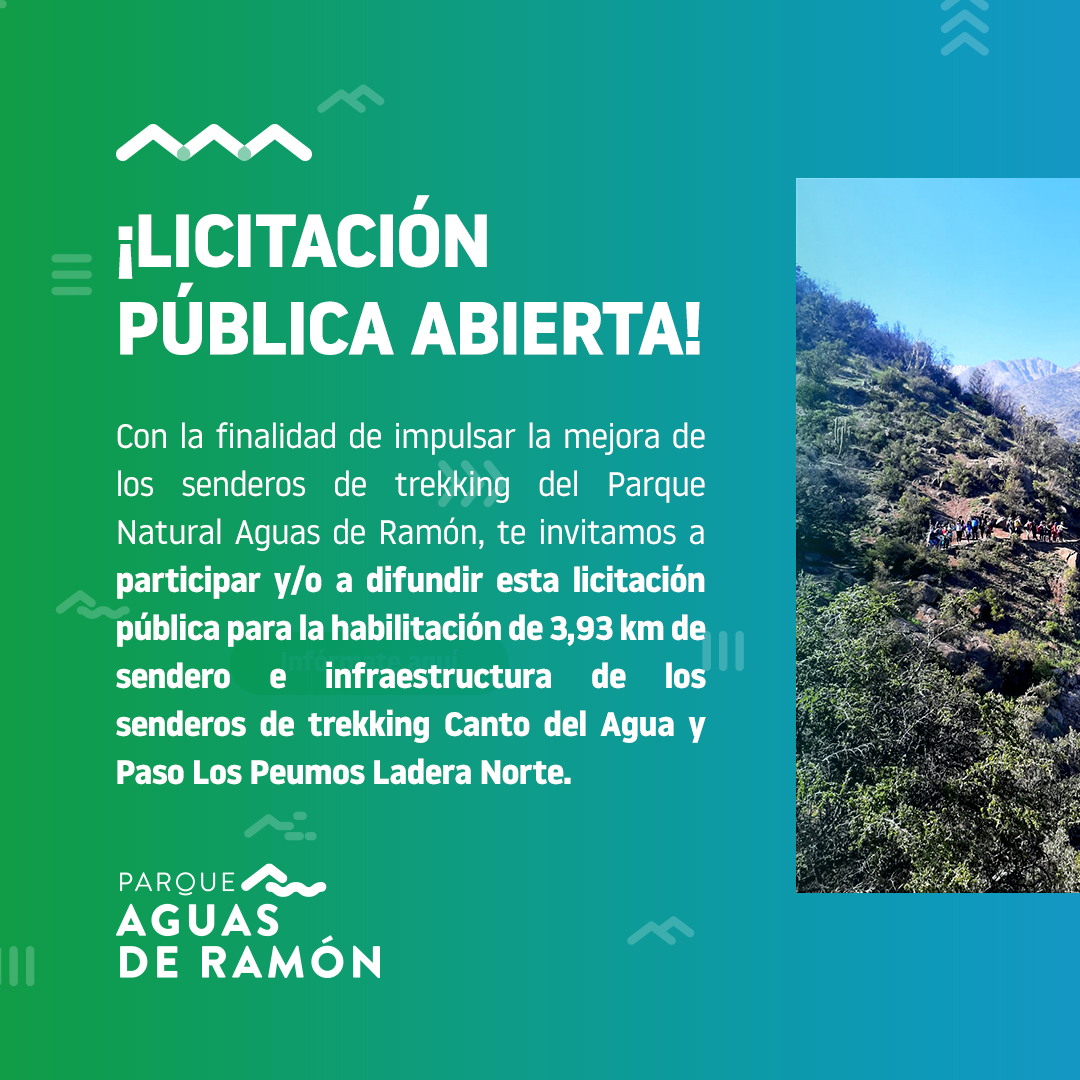 🏔💚 ¡En @parquecordillera seguimos impulsando las mejoras en la red de senderos cordilleranos!

⚠️ Es por esto que hemos abierto una licitación pública para la habilitación de 3,93 km, de sendero. Conoce los detalles acá 
asociacionparquecordillera.cl/licitacion-pub…