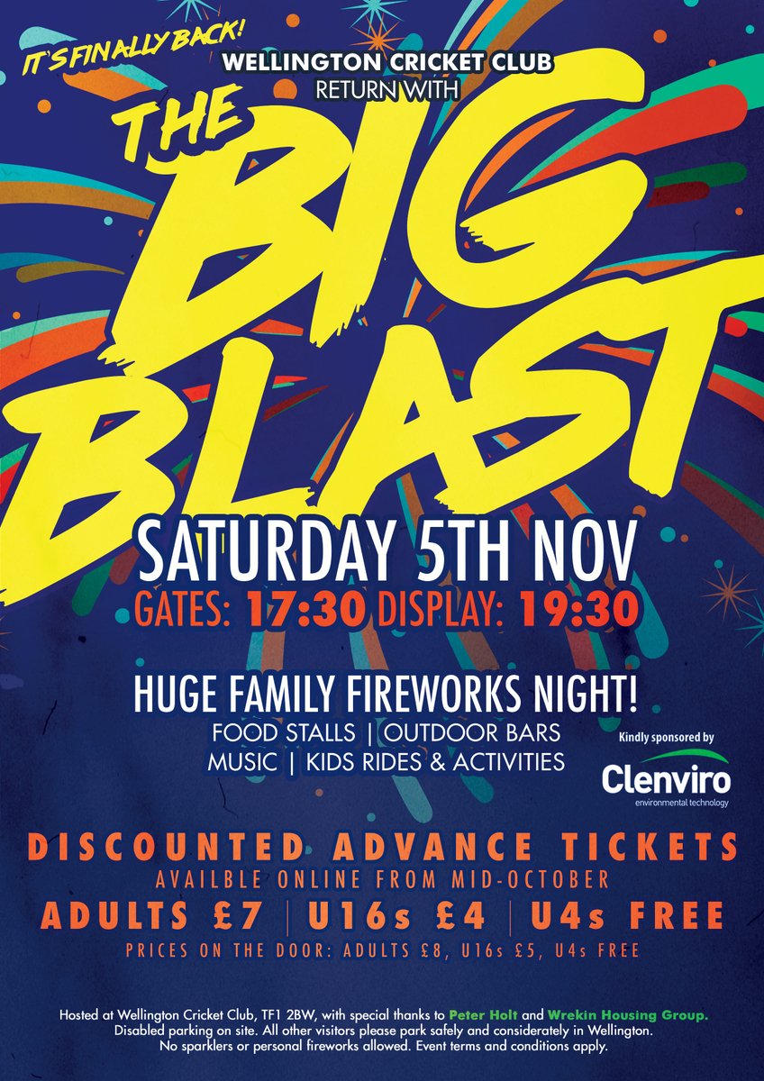 wellington_cc's tweet photo. We're delighted that The Big Blast, Telford's biggest family fireworks Night, will be returning this year, brought to you in association with event sponsors @ClenviroL.

Check out our Facebook event for more details: https://t.co/IHZa2SCc7j https://t.co/cWQxm97pY7
