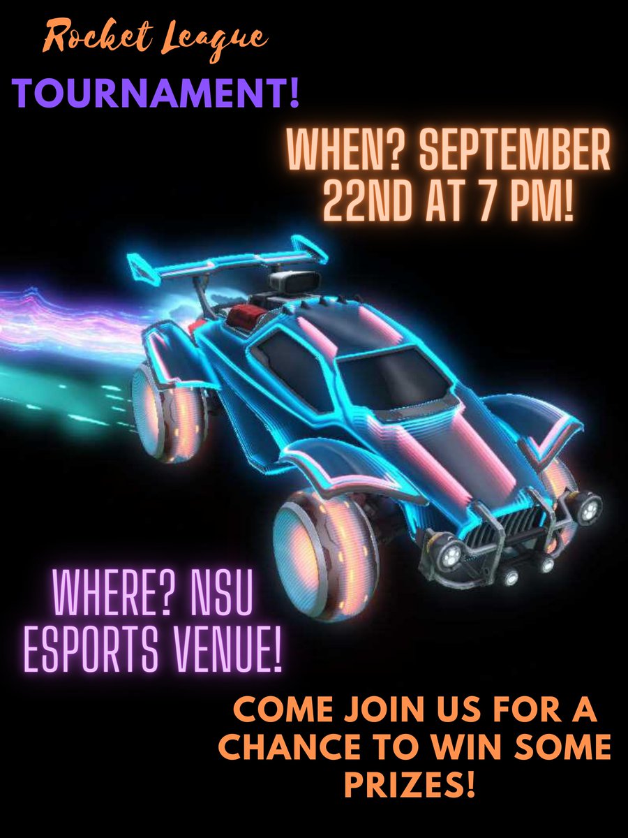 Today is the day! Join us this evening in our Rocket League tournament for a chance to win! Hope to see everyone there!😈
#nsula #nsuesports #gaming #RocketLeague