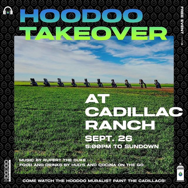 Come join us Monday September 26th 5PM at the Cadillac Ranch! Paint the cars along side our muralist! 
#hoodooweek #hoodoomural #amarillotx #cadillacranch #muralist #carart