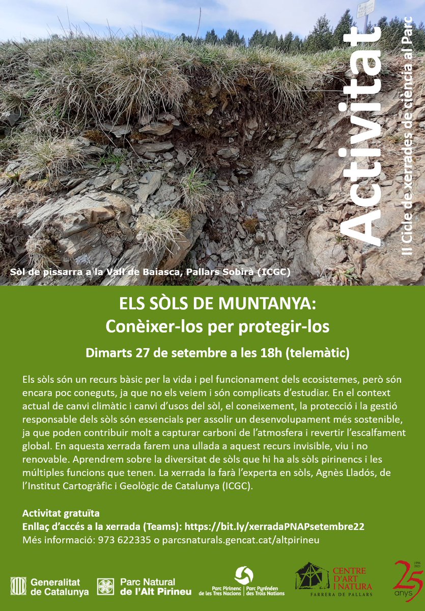 pnaltpirineu's tweet photo. Nova xerrada telemàtica de ciència 🔬 al #PNAltPirineu
"Els sòls de muntanya: conèixer-los per protegir-los". La xerrada la farà l’experta en sòls, Agnès Lladós, de l'@ICGCat
Activitat gratuïta
📆 Dimarts 27 setembre 18h
💻 Enllaç d’accés xerrada (Teams): https://t.co/VAflBHBpVz https://t.co/l97dlertyC