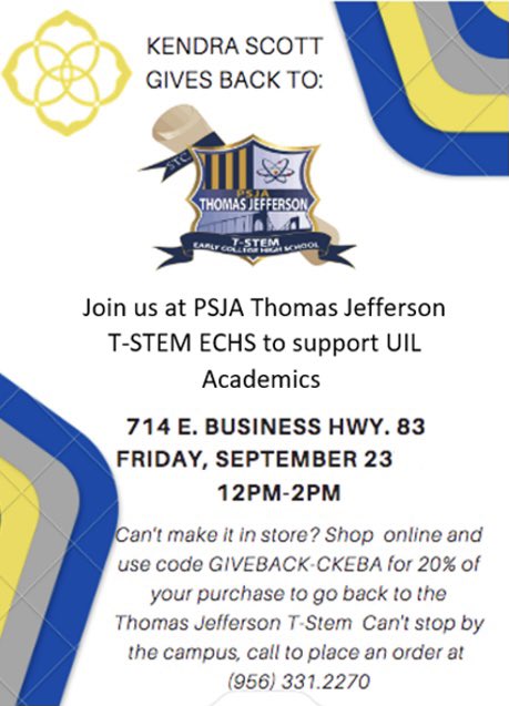 psja_tstem's tweet photo. Kendra Scott gives back! Join us tomorrow for our fundraiser supporting UIL Academics.💛 #kendrascott #tstem https://t.co/hcxD8cFbNY