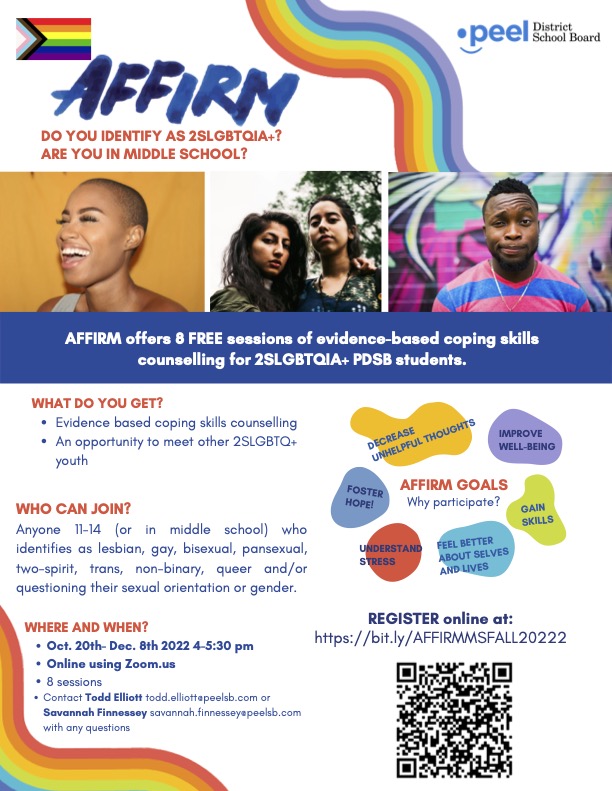 PDSB is now accepting application to its Fall 'Affirm' sessions for middle and high school students who are members of the 2SLGBTQIA+ community and need support. Register now using the QR code on the flyers. 
#mentalhealth #education