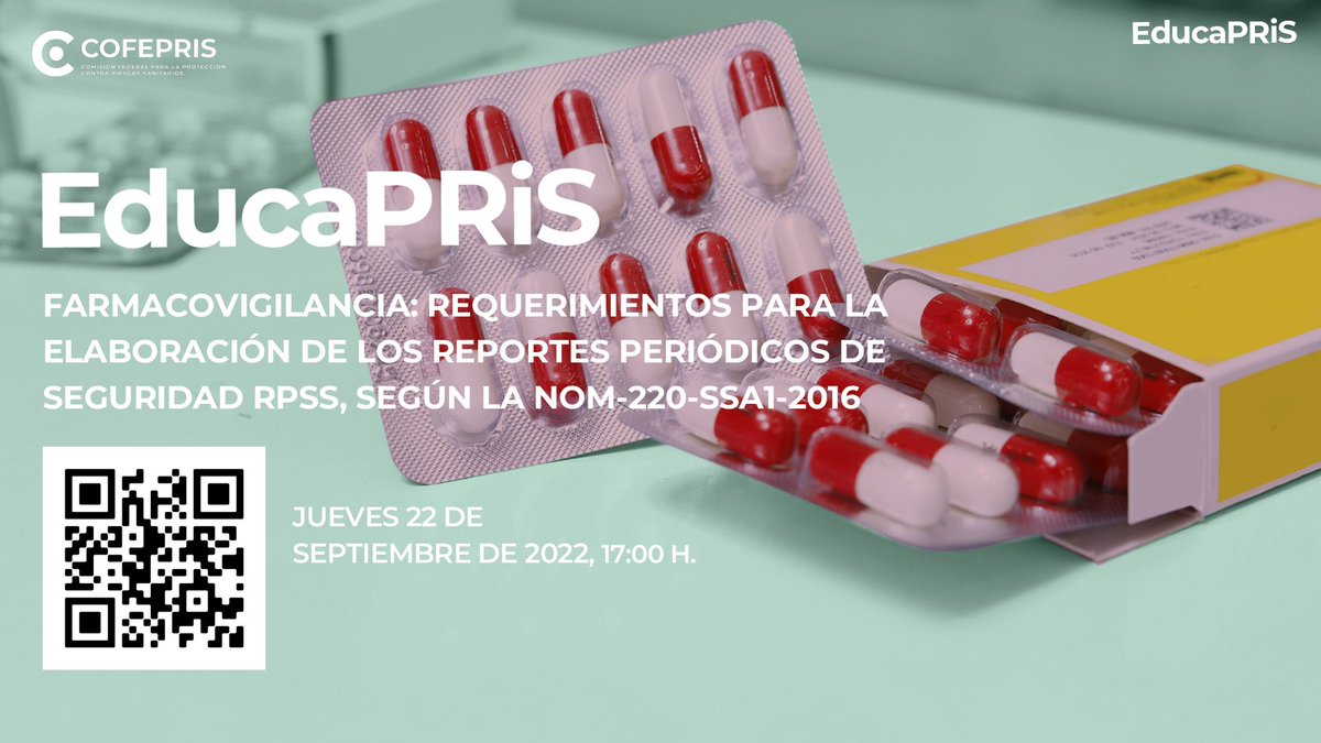 COFEPRIS's tweet photo. ¡Hoy es jueves de #EducaPRiS!

Hablaremos con expertos y expertas sobre el tema de #Farmacovigilancia: Requerimientos para la elaboración de reportes periódicos de seguridad, NOM-220-SSA1-2016. 📄💊

Únete a la transmisión en vivo, 17:00 hrs.
https://t.co/TzQ0TtZrXA https://t.co/Q3UB8MbiAh