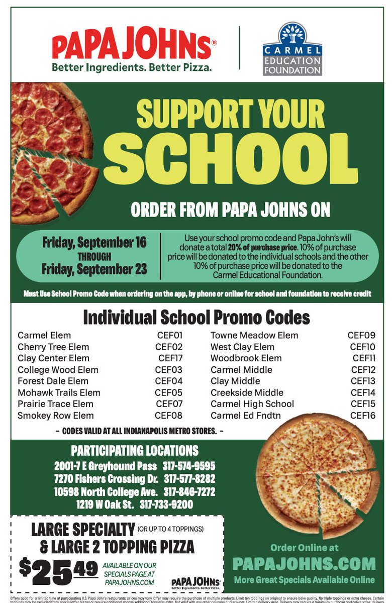 SREPTO's tweet image. Papa John’s Fundraiser benefiting each Carmel Clay School and the Carmel Education Foundation (CEF) - Get some pizza before the deal runs out this Friday, 9/23!