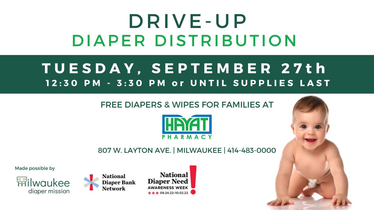 Hayat Pharmacy (@hayatrx) on Twitter photo In honor of #NationalDiaperAwarenessWeek we're proud to partner with <a href="/MKEdiaper/">Milwaukee Diaper Mission</a> for a Drive-Up Diaper Distribution at 807 W. Layton Ave. on September 27 from 12:30-3:30 p.m. We invite families for free diapers and wipes to keep babies clean, dry and healthy. đź‘¶đź§·
#EndDiaperNeed In honor of #NationalDiaperAwarenessWeek we're proud to partner with <a href="/MKEdiaper/">Milwaukee Diaper Mission</a> for a Drive-Up Diaper Distribution at 807 W. Layton Ave. on September 27 from 12:30-3:30 p.m. We invite families for free diapers and wipes to keep babies clean, dry and healthy. đź‘¶đź§·
#EndDiaperNeed