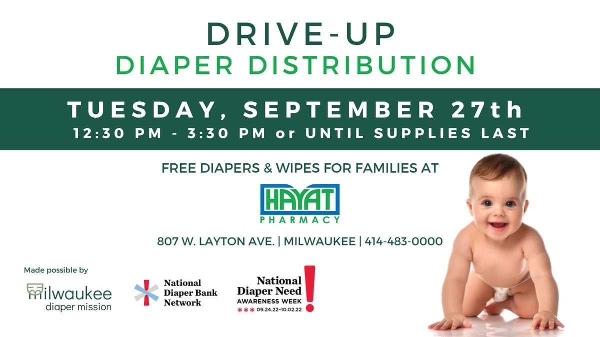 In honor of #NationalDiaperAwarenessWeek we're proud to partner with @MKEdiaper for a Drive-Up Diaper Distribution at 807 W. Layton Ave. on September 27 from 12:30-3:30 p.m. We invite families for free diapers and wipes to keep babies clean, dry and healthy. 👶🧷 #EndDiaperNeed