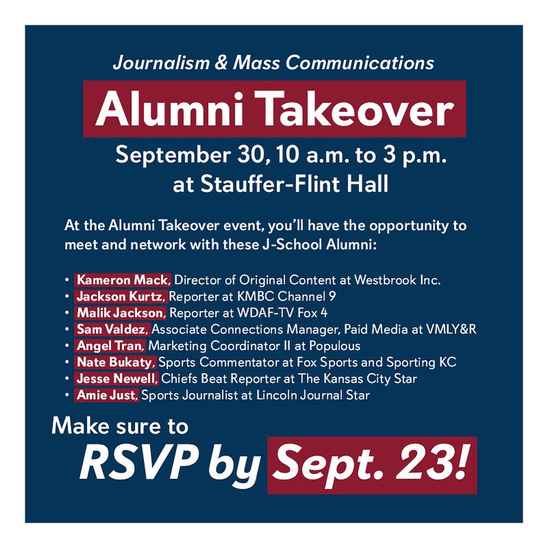 KUJAdvising's tweet photo. RSVP for the J-School’s Alumni Takeover by Friday at https://t.co/tRoDdNDvg9!

The Alumni Takeover is a great opportunity for current students to make connections with J-School alumni. Alumni will be available for a portfolio review, and lunch is included! https://t.co/H0UYud14QM