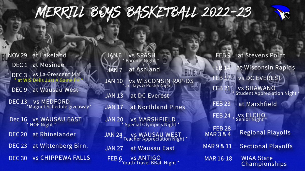 Schedule officially set… Can’t wait!!  <a href="/WeAreMAPSchools/">MerrillAreaPublicSch</a> <a href="/Merrill_AD/">Merrill Activities</a> <a href="/MerrillBluejays/">Merrill High School</a> #Family #MerrillBasketball #EnergyEffortExecute