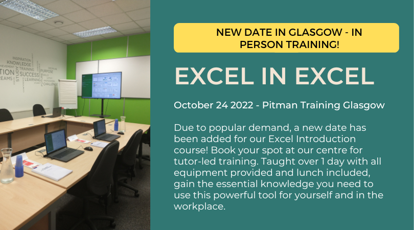 PitmanScot's tweet photo. Extra date added for our in person Excel Introduction course! Tutor led and hosted in our #Glasgow centre. Ask us how to book your spot today for yourself or your employees. https://t.co/FOBHnWOPEy #upskill #stafftraining #exceltraining #excelinexcel #glasgow #glasgowcourses https://t.co/0vogFLRt1t