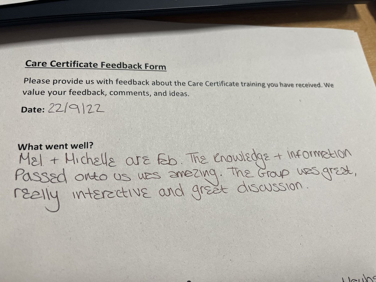 Melanie_Sxx's tweet photo. @Michelle_Rxx and I are thrilled with the feedback from our first teaching session as trainee teachers. A great start and we are excited for the future. Thank you Janet & Alison for your encouragement & support today. @janiemthomp @Milliedew661 #carecertificate #hcswdevelopment https://t.co/FIdjG1qrxV