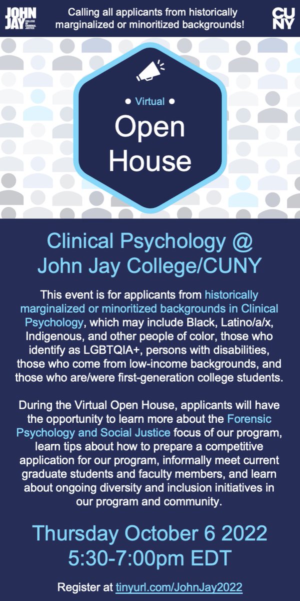 casey_laduke's tweet photo. We are hosting an Open House on 10/6 for applicants from historically marginalized/minoritized backgrounds in Clinical Psychology. Helpful tips for preparing a competitive application to our program will be provided! 
✅ Register: https://t.co/oOno2oi1DJ
📢 RT to spread the word! https://t.co/EUACM01Esa