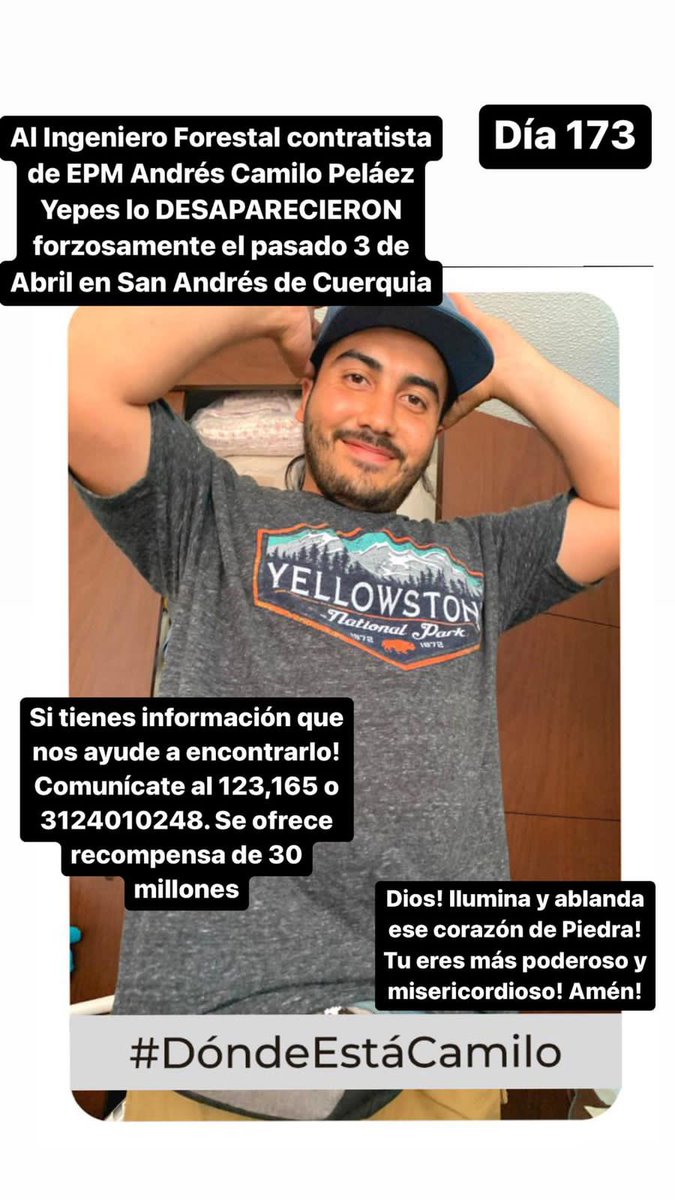 claoyepes's tweet photo. #DondeEstaCamilo Día 173:Dios! Gracias por darme la fortaleza para seguir en la búsqueda de mi hijo el ingeniero forestal Andrés Camilo! Gracias por el apoyo de todas las personas que se solidarizan con esta búsqueda! Hasta Encontrarlo! Ayúdame a iluminar el camino de regreso! https://t.co/5dMhntZ1j9