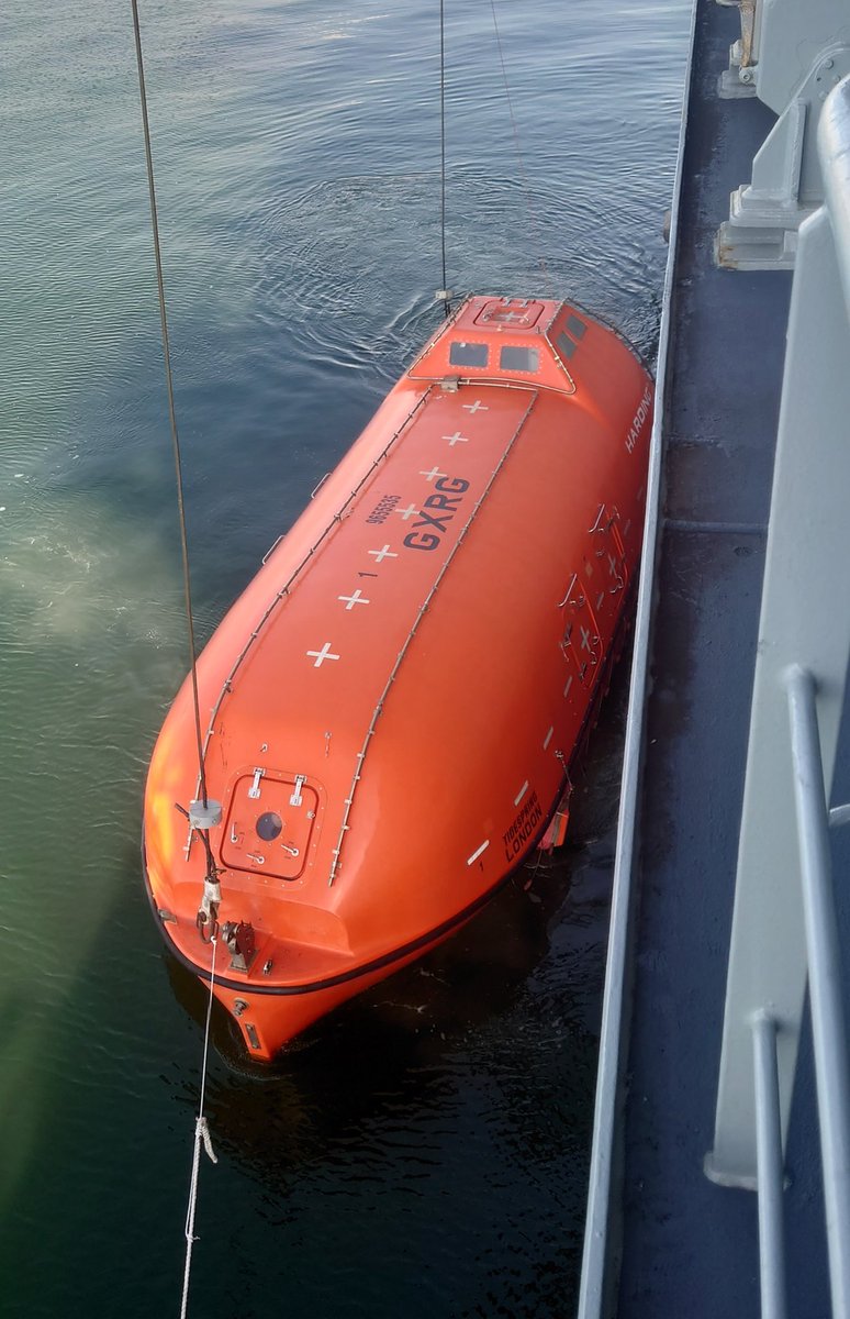 RFATidespring's tweet photo. HANDS TO LIFEBOAT STATIONS, HANDS TO LIFEBOAT STATIONS! The pipe that no sailor ever wants to hear.. and no, this isn't us on a river cruise! We routinely inspect &amp; test our lifeboat operational procedures should the worst happen. @RFAHeadquarters #abandonship https://t.co/y0DZCYB1Rg