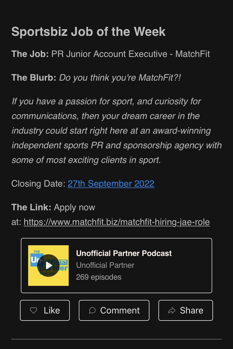 Lovely to see our PR Junior Account Executive role featured as the <a href="/UnffclPrtnr/">Unofficial Partner™</a> “Sportsbiz Job of the Week” - get in touch now! 👇🏼

matchfit.biz/matchfit-hirin…