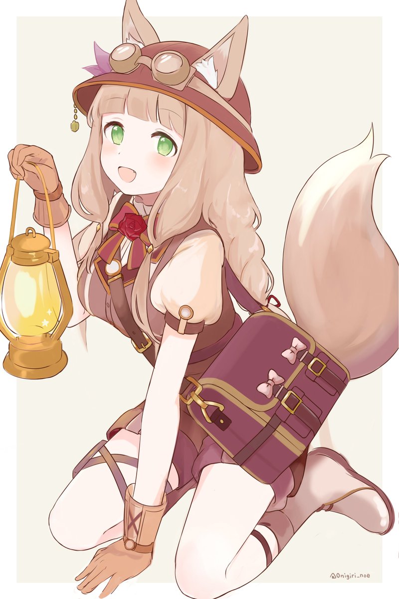 1girl animal ears solo green eyes tail gloves lantern  illustration images