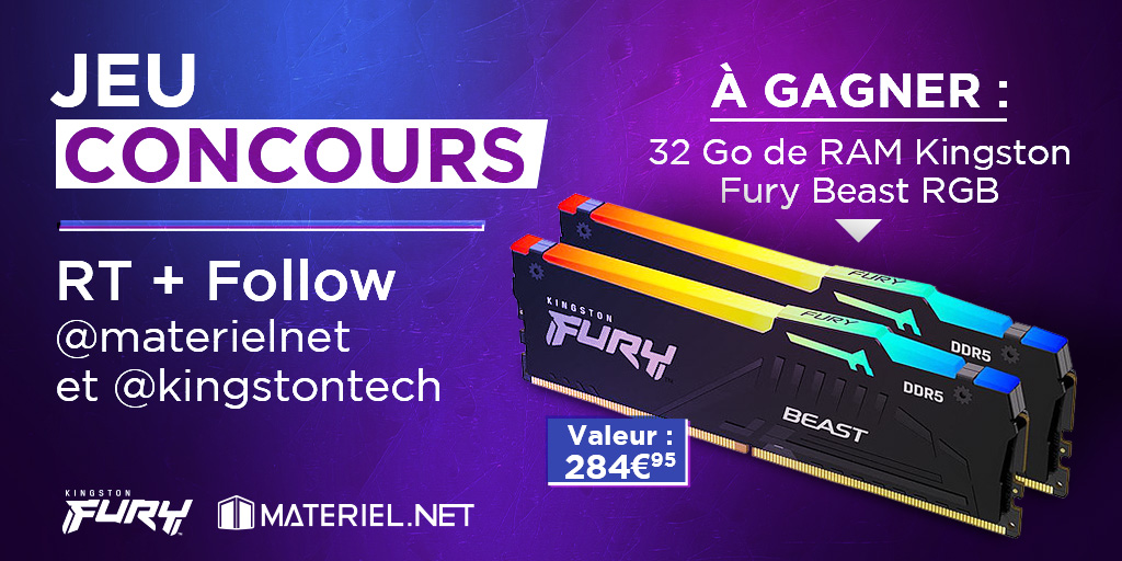 materielnet's tweet image. 🎁 𝐂𝐎𝐍𝐂𝐎𝐔𝐑𝐒 🎁

Passez à la DDR5 grâce aux barrettes de RAM Kingston Fury Beast RGB 5200 MHz CL40 ➡️ bit.ly/3qWHUBR

👉 RT + Follow @materielnet + @kingstontech 👈
🎰 TAS Mardi 4 octobre