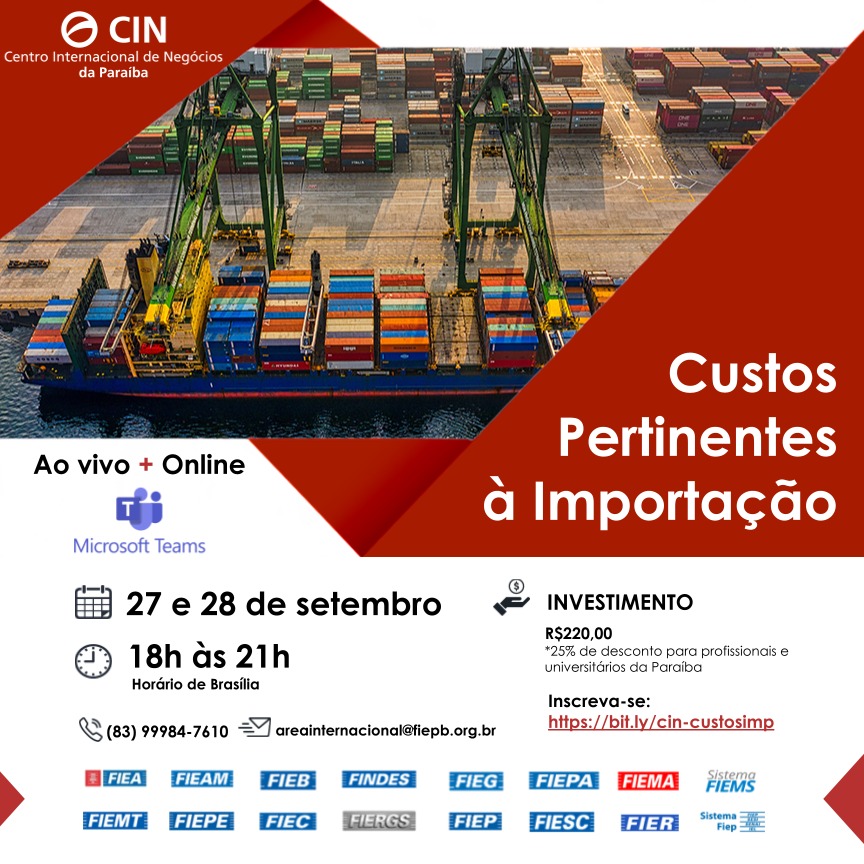 FIEParaiba's tweet photo. A Federação das Indústrias do Estado da Paraíba – FIEP, através do Centro Internacional de Negócios – CIN-PB realizará nos dias 27 e 28 de setembro uma capacitação em Custos Pertinentes à Importação.
🌐 Saiba mais em https://t.co/KyLaqqay8m
#fiepb #redecin #cni #exportações https://t.co/6qziMKfRZ6