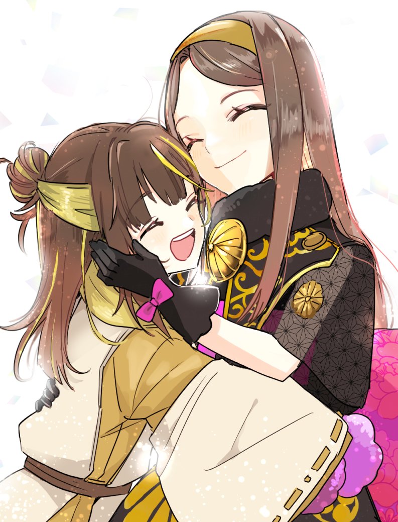 brown hair multiple girls 2girls closed eyes gloves hug smile  illustration images