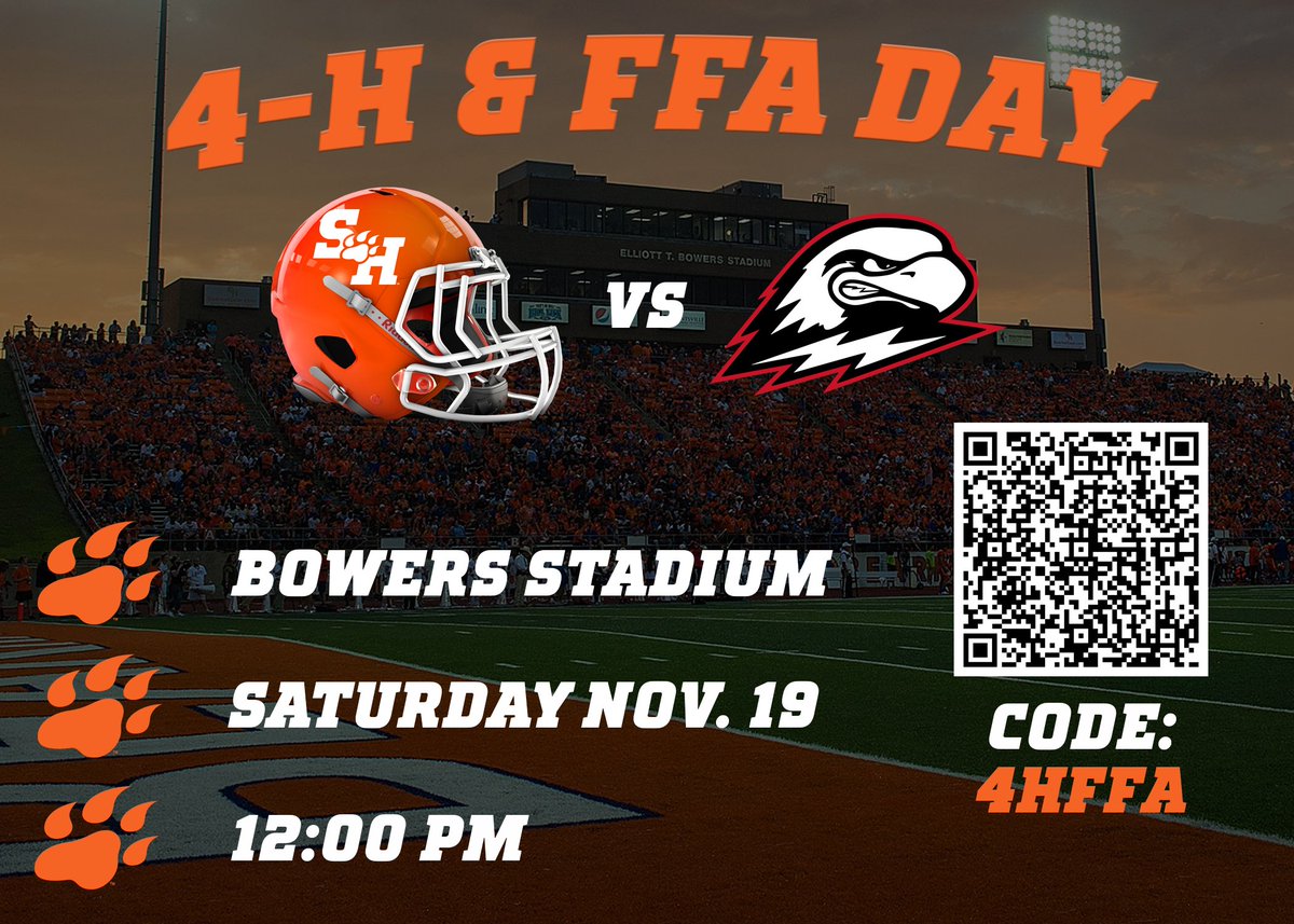 Here is your chance to visit the campus of Sam Houston State University for 4-H and FFA Day! Individuals interested in purchasing tickets can go online and use the promo code 4HFFA.