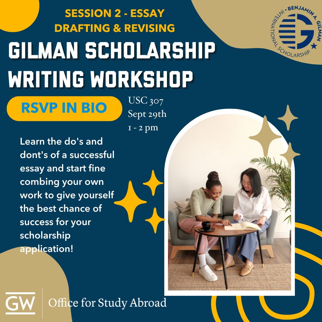 OSA is offering one more Gilman Essay Writing Workshop for Pell Grant recipients who are actively applying. If you are interested in having a second pair of eyes assist you with your essay, RSVP!

This final session will be held in USC 307, from 1-2pm. RSVP to reserve your spot.