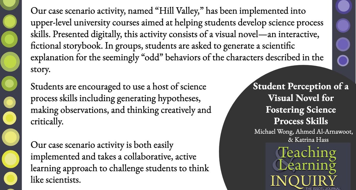 Teach&Learn Inquiry (@tli_issotl) on Twitter photo Wong, Al-Arnawoot and <a href="/KHassVisuals/">Katrina Hass</a> experiment with a visual novel to develop students' science process skills. Read more about their pedagogical innovation reading this recent TLI articlehttps://journalhosting.ucalgary.ca/index.php/TLI/article/view/74184
<a href="/TLI_ISSOTL/">Teach&Learn Inquiry</a> @ISSOTL Wong, Al-Arnawoot and <a href="/KHassVisuals/">Katrina Hass</a> experiment with a visual novel to develop students' science process skills. Read more about their pedagogical innovation reading this recent TLI articlehttps://journalhosting.ucalgary.ca/index.php/TLI/article/view/74184
<a href="/TLI_ISSOTL/">Teach&Learn Inquiry</a> @ISSOTL