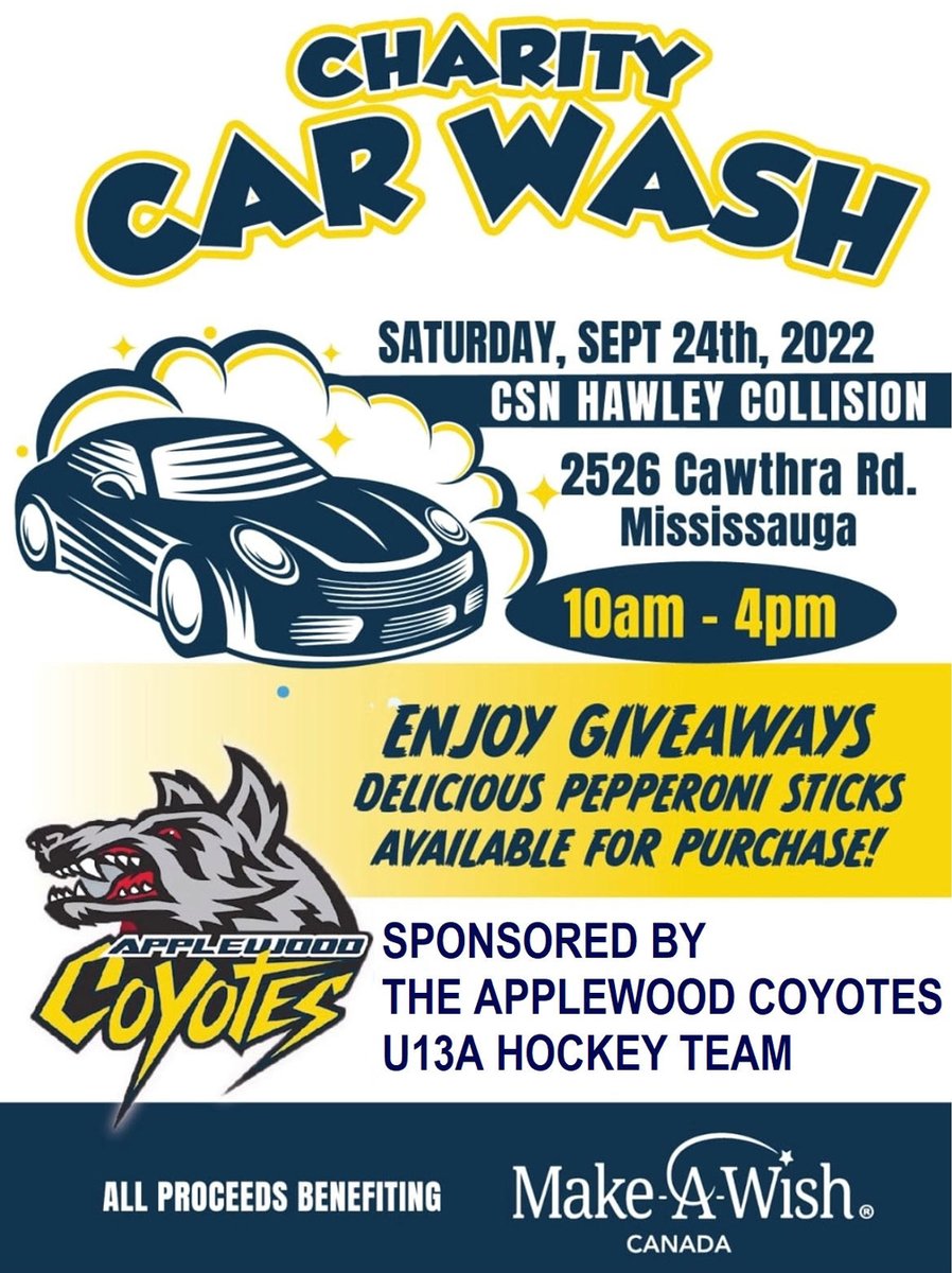 applewoodhockey's tweet photo. Make your car shine for the Tryouts! Our U13A Coyotes have a 🚗car wash this Saturday. All monies raised go to @MakeAWishCA What a great way to kick off the season, Go Coyotes!! https://t.co/wwhXDk9Mjx