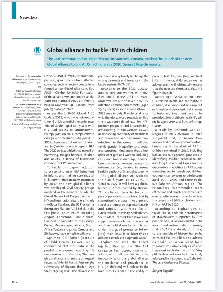 This is the most important news you’ll read today. Of the kids living with HIV, only half are getting life-saving meds. @UNAIDS, @UNICEF, @WHO, partners, governments, & civil society have formed a new Global Alliance to End AIDS in Children by 2030. thelancet.com/action/showPdf…