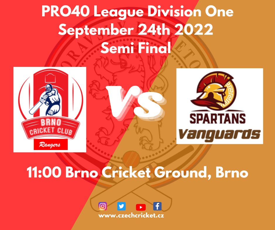 CzechCricket's tweet photo. Division One Pro40 Fixture
Semi Final 2
Brno CC Rangers CC vs Prague Spartans CC Vanguards
11:00, 24th September - Brno Cricket Ground
#Pro40 #DIV1 #czechcricket https://t.co/75njTcTl7V