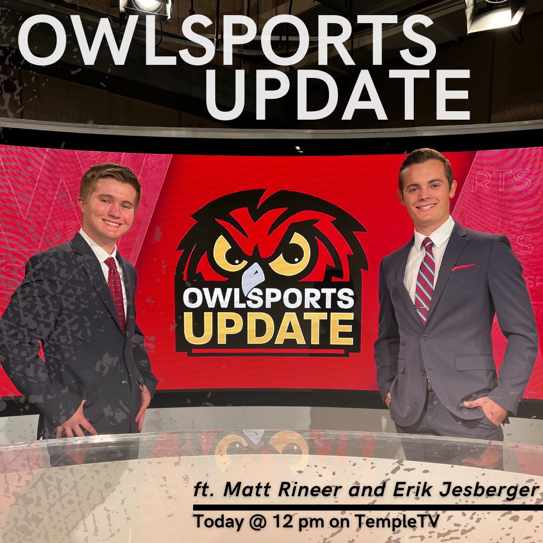 OwlSportsUpdate's tweet photo. Tune into @templetv at 12 pm to see @MattRineer and @ErikJesberger catch up on all things Temple Athletes!! They will also preview @TempleFootball_ ‘s match up vs @UMassFootball !!! https://t.co/g8TLukdkPW