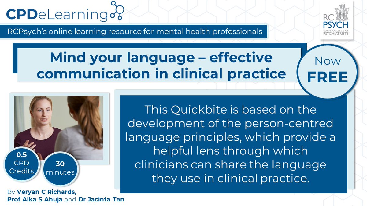 rcpsych_eLearn's tweet image. Our #Quickbite 'Mind your language – effective communication in clinical practice' is now #freely available on the #eLearningHub.

#Coinciding with the #new #curricula, this #module is beneficial to core trainees, higher trainees and consultants. 

🔗 bit.ly/3BATyrc
