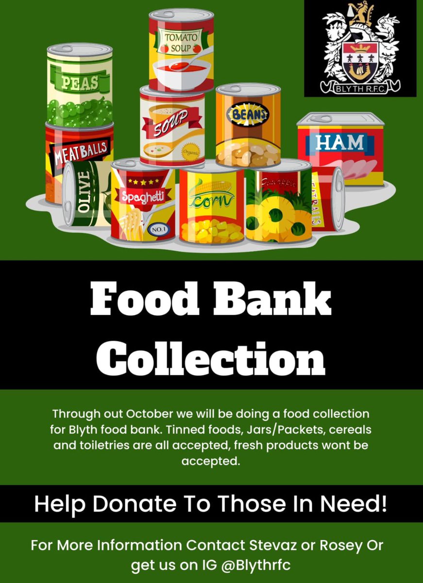 Blyth_RFC's tweet photo. Blyth RFC will be collecting food throughout October to be donated to Blyth food bank.

We would massively appreciate any donations made as it will be helping out our local community. Please get in touch with the club via any of our social media pages if you wish to donate. #BRFC https://t.co/WbWn1T0Sdn