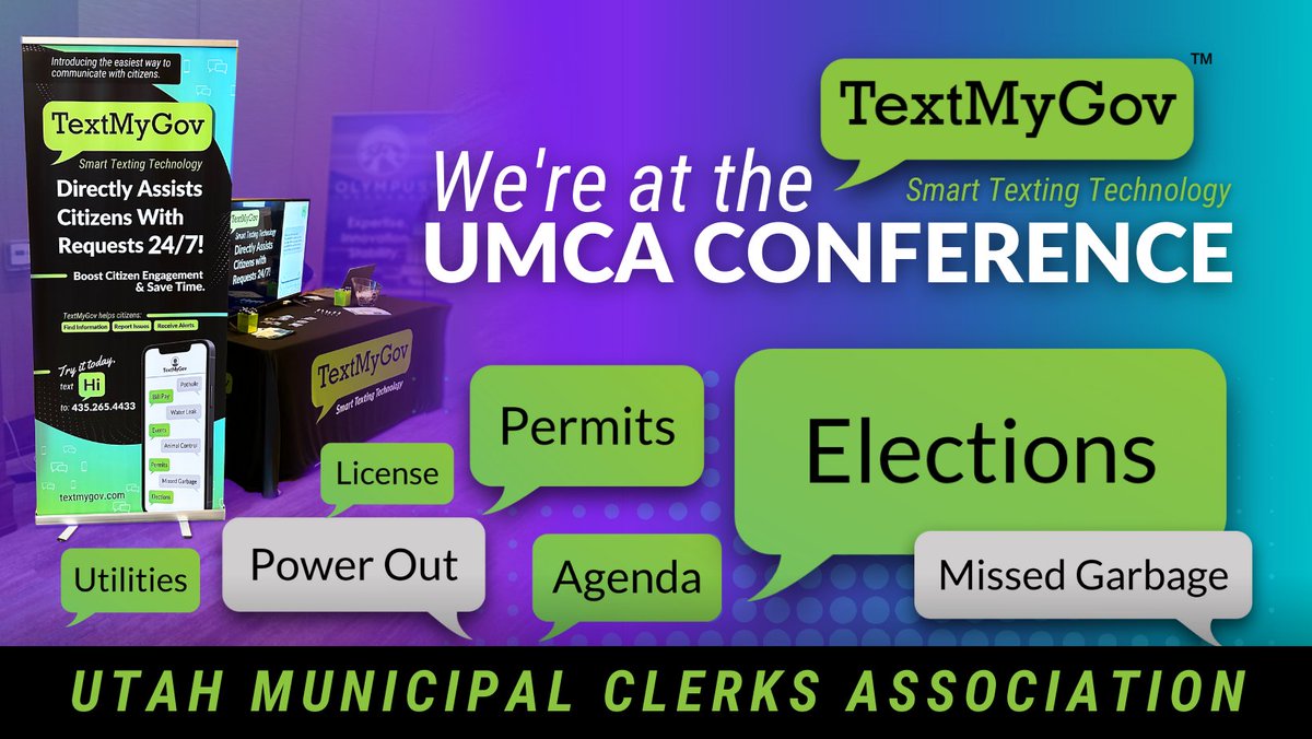 TextMyGov's tweet image. We're at the UMCA Conference, demonstrating how TextMyGov saves clerks time and boosts citizen engagement.

#UMCA  #Clerks #Utah #municipal #conference  #elections #permits #licensing  #citizenengagement #sms #textmessaging