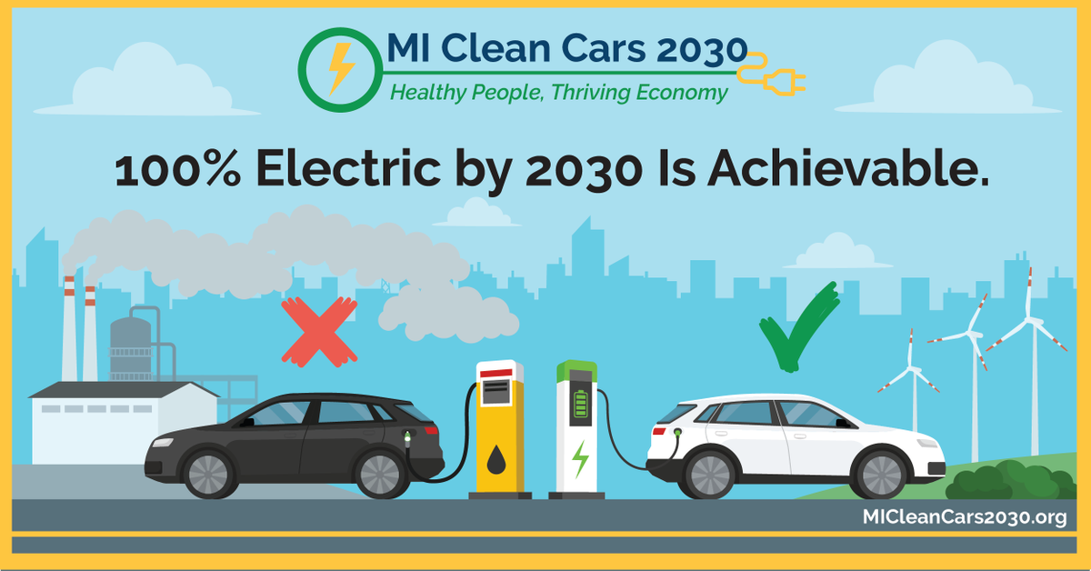 shiftourpower's tweet photo. The MI Clean Cars 2030 campaign launched today,  calling on Michigan policymakers to set a target of 100% of new passenger vehicle sales being all-electric by 2030.  #MICleanCars2030 @Ecology_Center @MevaVehicle   More info at https://t.co/boH2Y3VdlL https://t.co/tUCDL92VN4