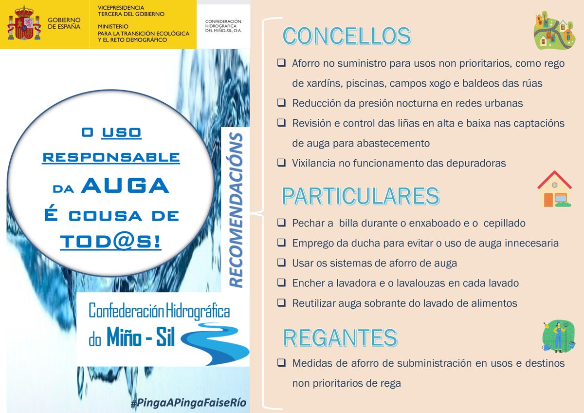Ante a situación de seca prolongada a <a href="/CH_MS/">CHMS</a> lembra estas recomendacións para usar a auga de xeito responsable.
chminosil.es/gl/chms/comuni…

#PingaAPingaFaiseRío #CadaGotaCuenta💧 #Chantada