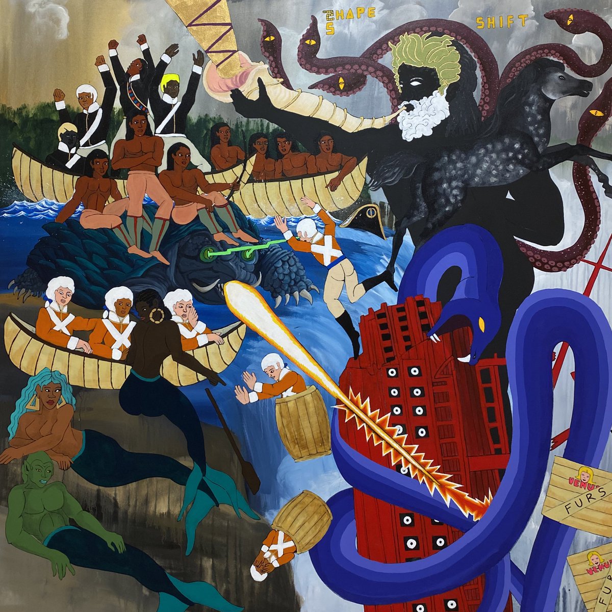 Counternarrative histories: Dutch fur traders &amp; soldiers navigate colonial New York’s waters in Umar Rashid aka Frohawk’s “Tales from Turtle Island #1” <a href="/MoMAPS1/">MoMA PS1</a>