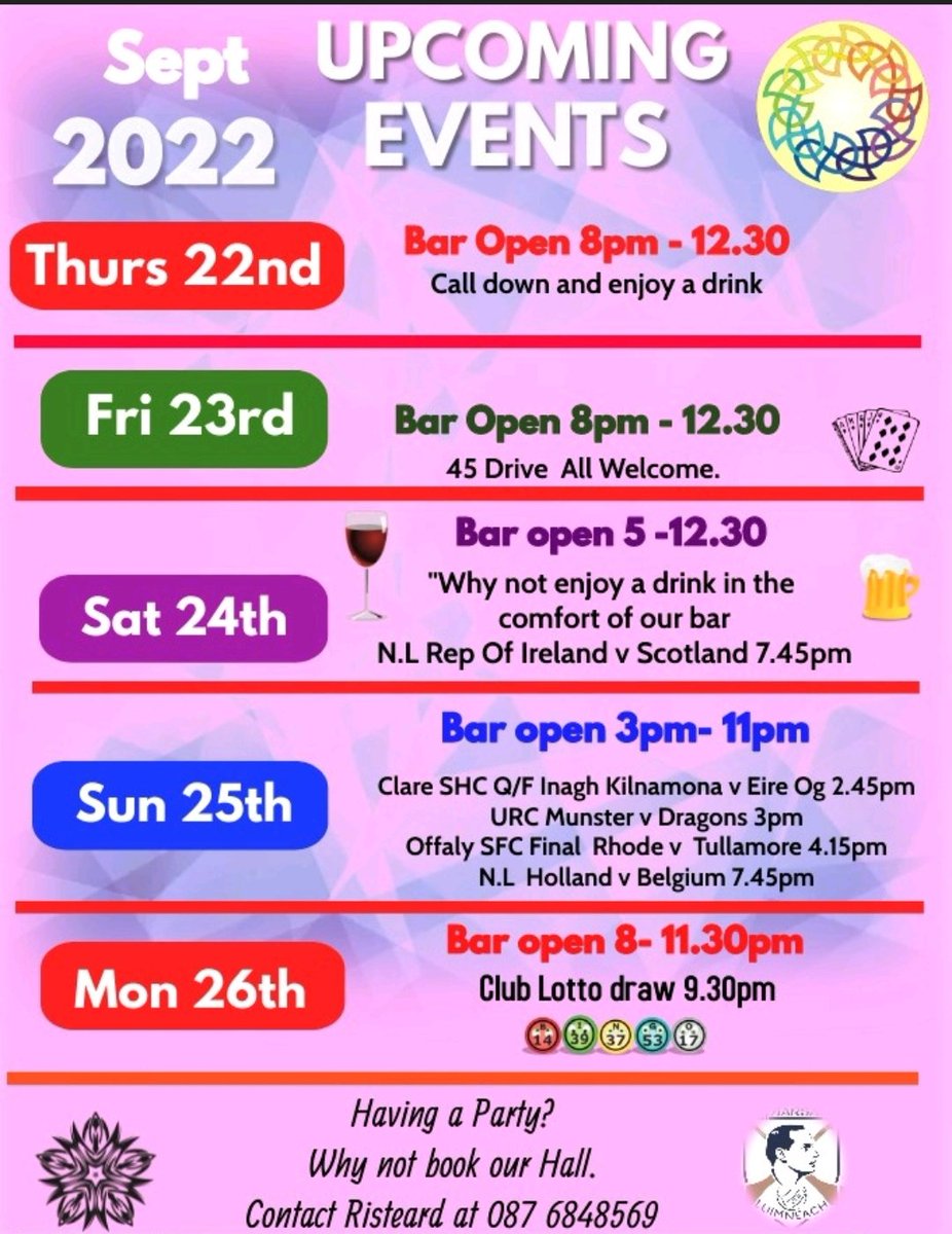 Fixtures and weekend fare..
Note: opening Thursdsy  and earlier opening time on Saturday.
Best of luck to our Under 13 hurlers this evening