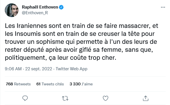RaphyEnthoven's tweet photo. Les Iraniennes sont en train de se faire massacrer et Raphaël Enthoven est très occupé à trouver un moyen de mettre ça sur le dos de ses adversaires politiques https://t.co/Jhss2kjcBg