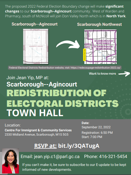 JeanYip3's tweet photo. Join the non-partisan Town Hall TONIGHT at 7pm, 2330 Midland Ave. An information session on how the federal electoral redistribution proposal significantly affects #ScarboroughAgincourt &amp; #ScarboroughNorth, &amp; moves parts of Scarborough to North York. RSVP➡️https://t.co/DGSNLRhffV https://t.co/zByTVcEIxM