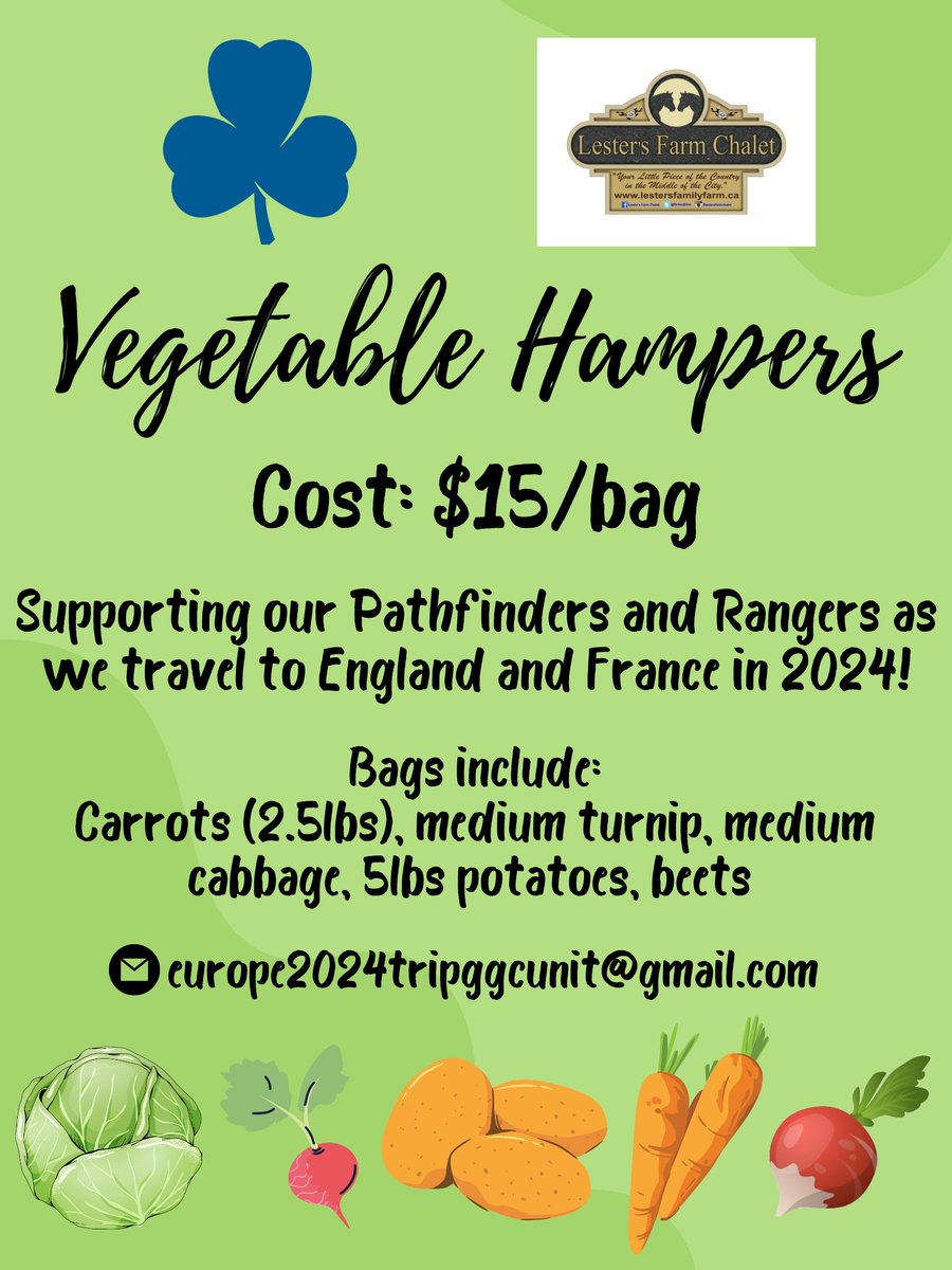 Claudine_Murray's tweet photo. FUNDRAISER: Veggie Hampers for Thanksgiving. 
Order &amp; EMT, then pick up/drop off just in time on Friday October 7th.  Thank you for you supporting Elizabeth's 2024 trip to Europe.
$15 - Potatoes, carrots, turnip, cabbage and beet.
LET ME KNOW IF YOU WANT A HAMPER :) https://t.co/dlM0Ov4STU