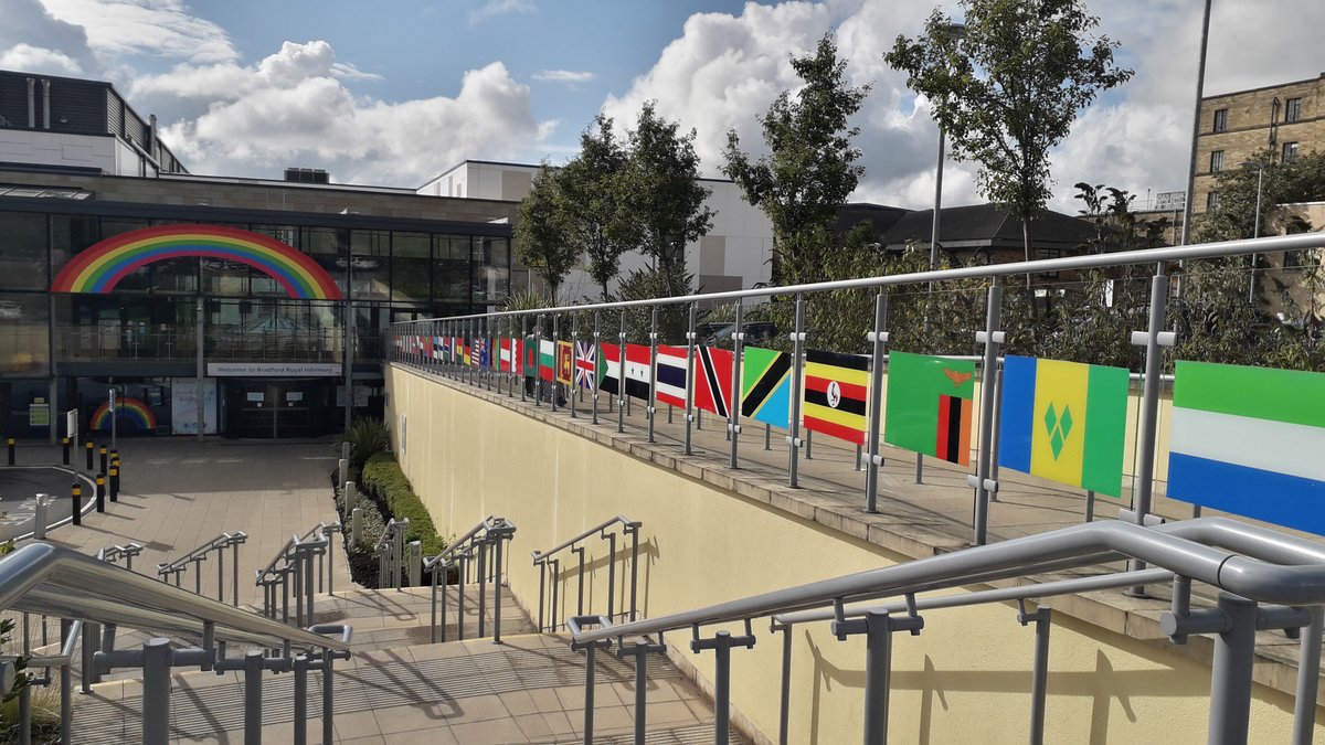 We love how @BTHFT is celebrating diversity by displaying flags to represent all 72 nationalities employed at the hospital! We were delighted to produce the flag graphics on the glass balustrades around the site #healthcaregraphics #diversity #NHS #BradfordCityOfCulture2025