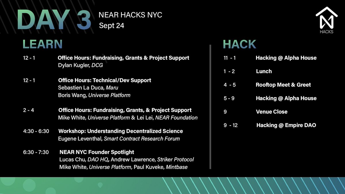 Cameron_Dennis_'s tweet photo. 🚀#NEARHACKSNYC kicks off today!! Join @ilblackdragon and our amazing sponsors from @FTX_Official @FoundryServices @osec_io @axelarcore for this four day hackathon!

💰There are over $30k of bounties and you can participate online!

Register here: https://t.co/JOUKukebZZ https://t.co/7zGBqyMOXH