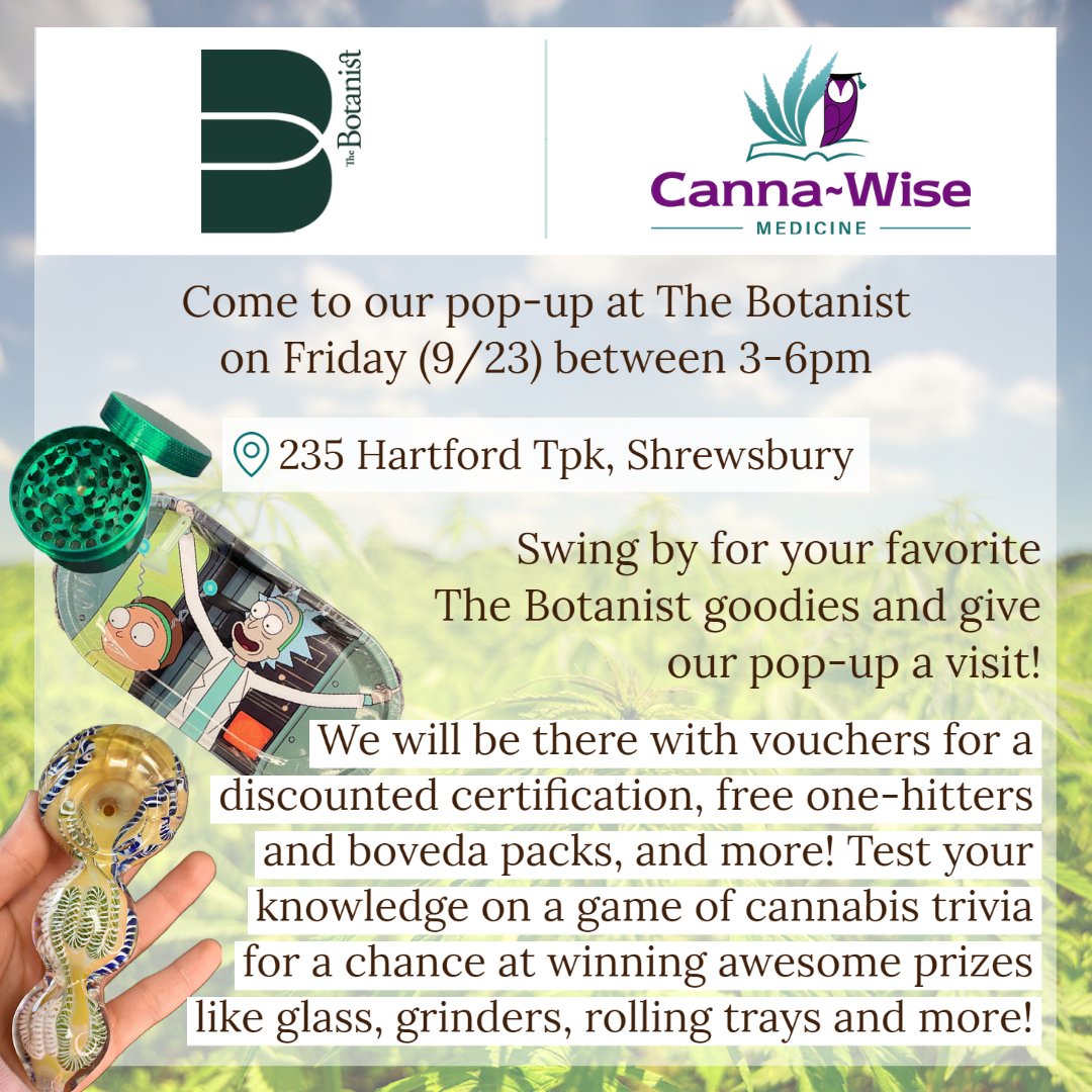 canna_wise's tweet photo. Tomorrow! Meet us at @iamthebotanist in Shrewsbury between 3-6pm and get a $50 discount voucher for a medical marijuana certification! https://t.co/zUsXOxqPOM