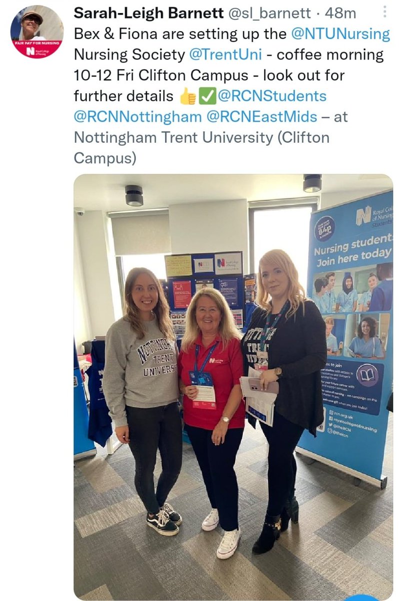 Lululabowsky's tweet photo. Clifton recruitment occuring for the new NTUnursingsociety.

Mansfield's recruitment is going ahead tomorrow from 11:30 -14:00 come say hi! Your 👨‍⚕️👩‍⚕️ society needs you!

Also we are there to promote the RCN😊
@anne_feltonmh @LavelleRees @LHMilasan @ADChillman @NTUNursing https://t.co/63U6NWOg4C